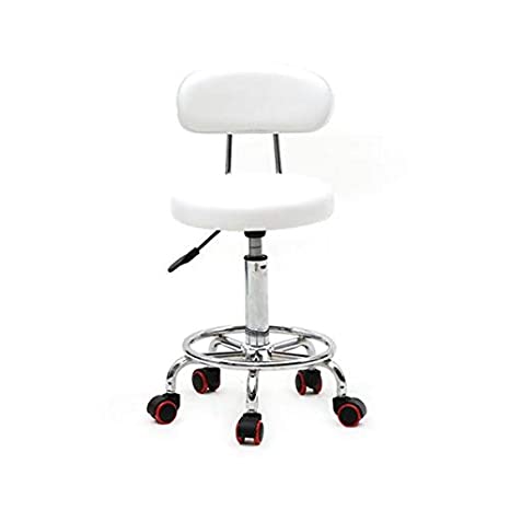 Lovinland Rolling Stool Drafting Chair with Back Rest Salon Spa Stool Swivel Chair Tattoo Massage Stool with PU Leather Cushion (White)