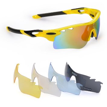 FiveBox Polarized U.V Protection Sports Glasses ,Cycling Wrap Sunglasses with 5 Interchangeable Lenses Unbreakable for Riding Driving Fishing Running Golf And All Outdoor Activities With Retail Package.