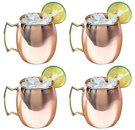 Set of 4 Mugs - 16 Oz Capacity - 100% Pure Copper Barware - Novelty Copper Drinkware Cups for Mules, Beer, Camping, Water - Authentic Moscow Mule Mugs with No Inner Lining or Lacquer Finish and Lifetime Guarantee