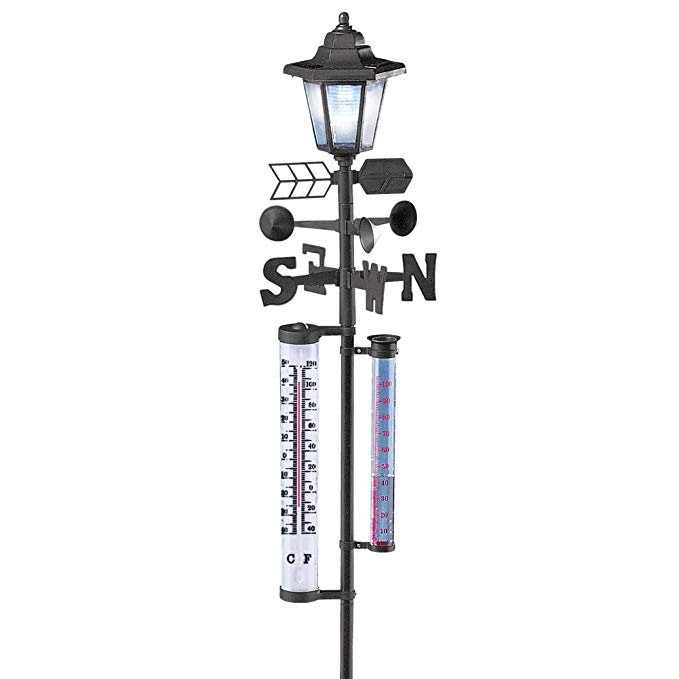 Solar Powered Weather Station Lantern Metal Yard Stake with Wind Direction Arrow, Rain Gauge, and Thermometer, Black
