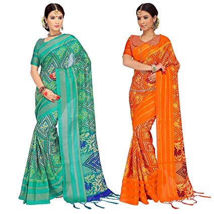 ELINA FASHION Pack of Two Sarees for Indian Women Cotton Silk Printed Weaving Border Saree | Diwali Gift Sari