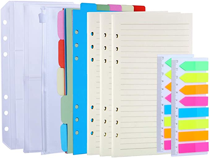 Antner 3 Pack A6 Refill Paper, 2 Pack 160pcs Neon Page Markers, 10pcs Binder Dividers, 3pcs Binder Pockets, 6 Holes Refills Accessories for Refillable A6 6-Ring Binder Notebook Planner