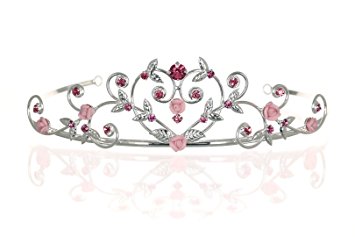 Rose Flower Rhinestone Crystal Wedding Tiara Crown - Pink Roses Silver Plating by Venus Jewelry