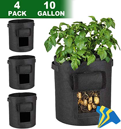 Lovinouse Large 4-Pack 10 Gallon Grow Bags, with 5 Pcs Plant Labels 5pcs Plant Labels, Potato Planter Bags with Access Flap, Handles, Aeration Fabric (4 Pack 10 Gallon 5 Planter Label)