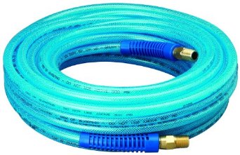 Amflo 12-50E Blue 300 PSI Polyurethane Air Hose 14 x 50 With 14 MNPT Swivel Ends And Bend Restrictor Fittings