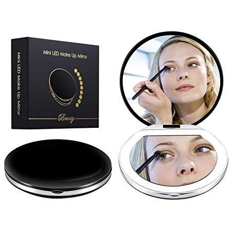 Led Compact Mirror [2019 Newest] Lighted Travel Makeup Mirror Rechargeable Led Purse Mirror Portable with Lights 1X 4X Magnification, Low/Middle/High Brightness Adjustable (Round, Black)