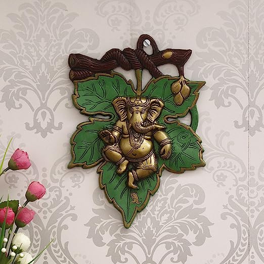 eCraftIndia Dancing Golden Lord Ganesha on Green Leaf Metal Wall Hanging Art Decorative Showpiece for Home decor Pooja Room Temple & Gift Purpose