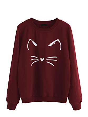 Romwe Women's Cat Print Sweatshirt Long Sleeve Loose Pullover Shirt