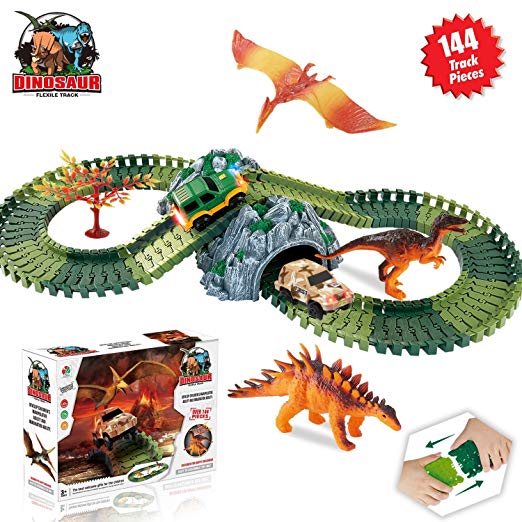 HOMOFY Dinosaur Toys Race Car Track Sets Jurassic World with 144 Pcs Flexible Tracks, 3 Dinosaurs,2 Led Cars,1 Tree and 2 In 1 Tunnel for 2 3 4 Year Old Girls and Boys-Super Fun Dinosaur Toys