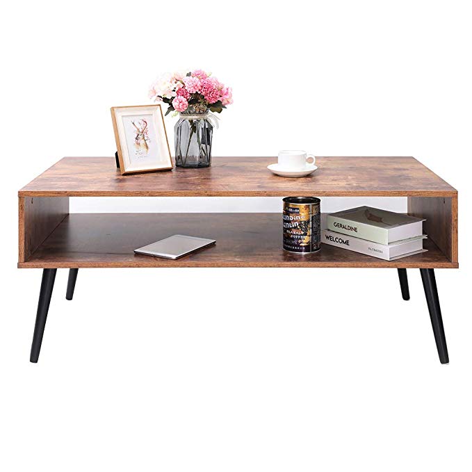 IWELL Mid-Century Coffee Table with Storage Shelf for Living Room, Cocktail Table, TV Table, Rectangular Sofa Table, Office Table, Solid Elegant Functional Table, Easy Assembly CFZ003F