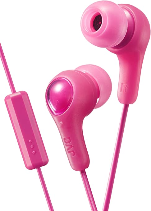 PINK GUMY In ear earbuds with stay fit ear tips and MIC.  Wired 3.3ft colored cord cable with headphone jack.  Small, medium, and large ear tip earpieces included.  JVC GUMY HAFX7MP