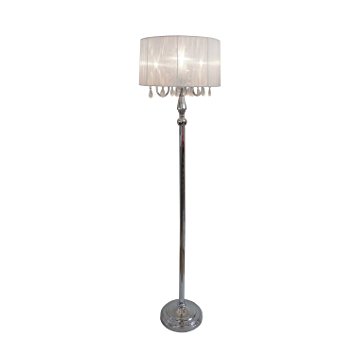 Elegant Designs LF1002-WHT Sheer Shade Chrome Floor Lamp with Hanging Crystals, White