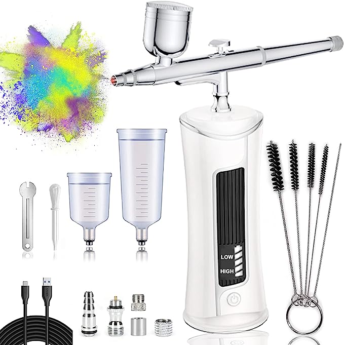 Wireless Airbrush Set - Portable USB Rechargeable Dual Action Airbrush Set with LED Display, Air Compressor for Nail Design, Makeup, Tattoos, Cakes, and Face Painting (White)