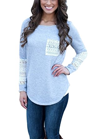 Women Cotton Casual Crewneck Solid Long Sleeve T-shirt Tops with Pocket