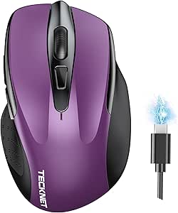 TECKNET Wireless Mouse (BT5.0/3.0 & 2.4G) Rechargeable 4800 DPI Silent Mouse 8 Buttons Bluetooth Mouse, USB A Mouse Wide Compatibility - Purple