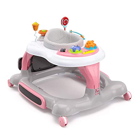 Storkcraft 3-in-1 Activity Walker and Rocker with Jumping Board and Feeding Tray, Interactive Walker with Toy Tray and Jumping Board for Toddlers and Infants- Pink