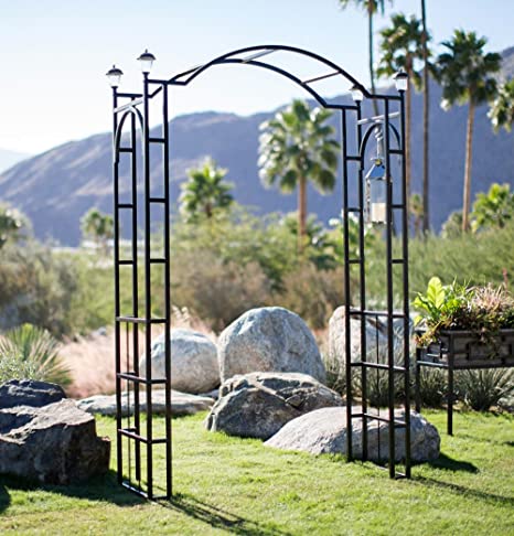 Outdoor Garden Arch 7.5-ft Tall W/ 4 Solar Lights Patio Decoration Black Steel Arbor Frame for Back Yard or Walkway