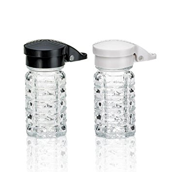 Shake-It-Free Shakers - Moisture Proof Salt & Pepper Shakers, Tumbler Home Exclusive-Black & White Lids Spring Loaded, No Clog, 1.5 Oz, Set of 2