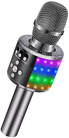 BONAOK Wireless Bluetooth Karaoke Microphone with Controllable LED Lights, Portable Handheld Karaoke Speaker Machine Christmas Birthday Home Party for Android/iPhone/PC or All Smartphone(Space Gray)