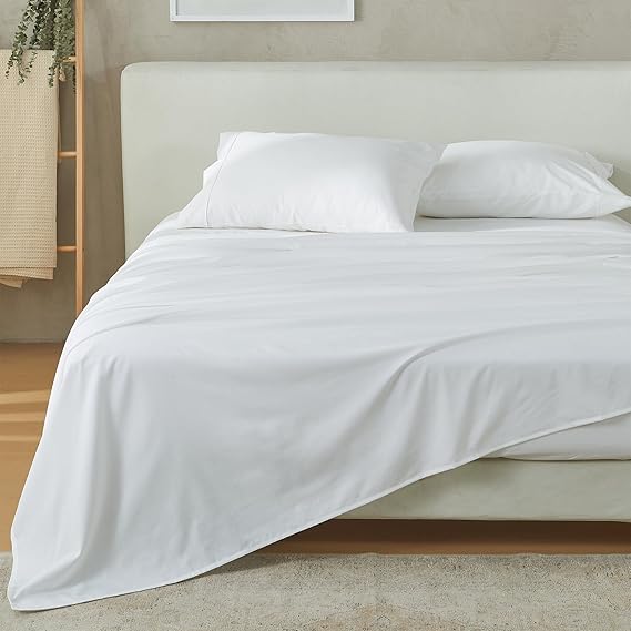 Full Size Cotton & Rayon Derived from Bamboo Blend Sheets | 4 Piece Breathable, Ultra-Soft, White Sheet Set | Cooling Sheet & Pillowcase Set for Hot Sleepers