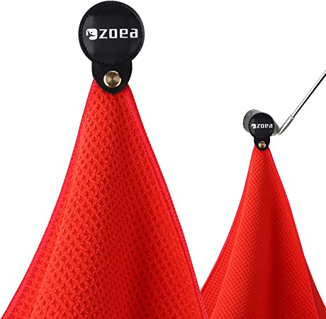 ZOEA Magnetic Towel, Magnetic Clip for Golf Towel, Microfiber Fabric Waffle Pattern Towels Industrial Strength Magnet for Strong Hold to Golf Carts or Clubs (1, Red)