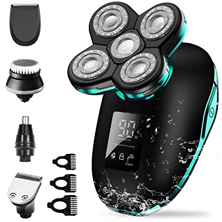 Electric Shaver for Men, OriHea 5 in 1 Head Shavers for Bald Men Electric Rotary Razor Beard Trimmer Grooming Kit IPX7-Waterproof, Faster-Charging LED Display USB Rechargeable -Green