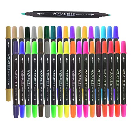 36 Color Art Markers Dual Tips Brush Pens - Fineliner & Brush Tips - NON TOXIC Water Based Ink - No Bleed Through for Coloring Books, Journaling, Sketching, Lettering, Bullet Journal, Calligraphy