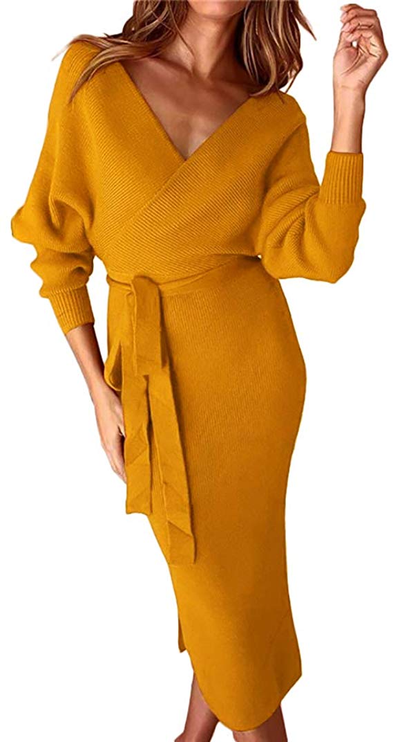 Women's Side Slit Winter Dress Sexy V Neck Backless Batwing Long Sleeves Midi Wrap Bodycon Dresses
