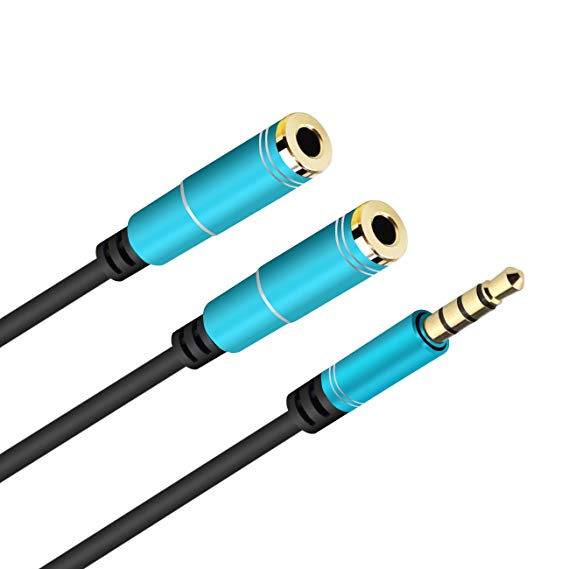 ULTRICS Y Audio Splitter Cable 3.5mm 4 Pole Male to Female Headphone Jack Extension Cord Compatible with iPhone Samsung Smartphones Tablets MP3 players Headset Speakers with Mic [30CM - Blue]