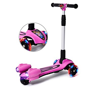 MammyGol Kids Kick Scooter, 3 Wheel Folding Adjustable Height Scooter, Deluxe Spray Scooter with LED Light Up Wheels for 3-12 Year Old