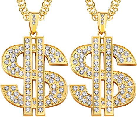 2 Pieces Gold Plated Chain for Men with Dollar Sign Pendant Necklace, Hip Hop Dollar Necklace (Dollar Necklace )