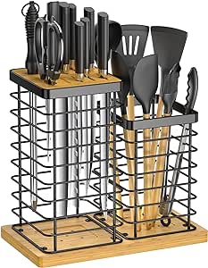 Knife Holder   Utensil Holder, Universal Kitchen Bamboo Knife Holder without Knives, Modern Kitchen Countertop Utensil Organizer, Kitchen Knife Block with Scissors Slot and Sharpening Rod Hole