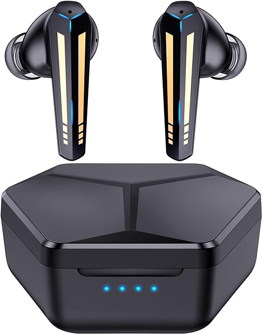 kurdene G03 Wireless Earbuds Bluetooth 5.3 Headphones with 45ms Ultra Low-Latency Deep Bass for Music/Game Mode, Built-in Microphones with Breathing Light Effect and Wireless Charging Case-Black