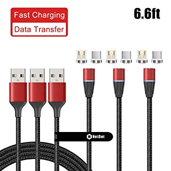 NetDot Gen12 Micro USB and USB-C Magnetic Fast Charging Data Transfer Cable Compatible with Android Device(6.6ft/3 Pack red)