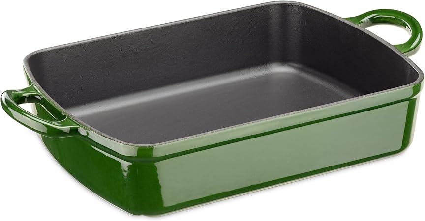 Navaris Cast Iron Casserole Dish - Enameled Oven Baking Pan - Large Enamel Coated Roasting Pan for Meat or Vegetable Casseroles, Lasagna Dish - Green