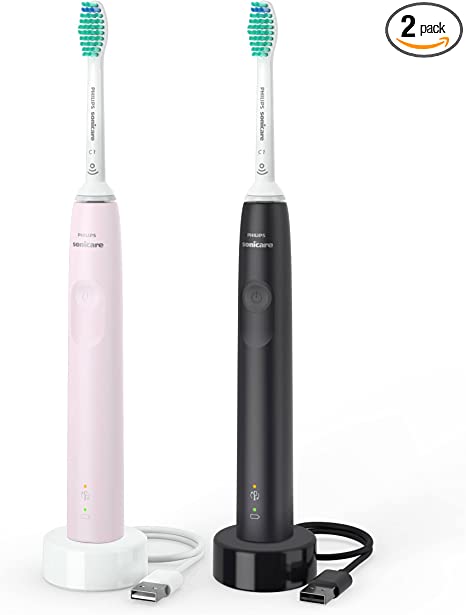 Philips Sonicare 3100 Series Sonic Electric Toothbrush (Dual Pack) with Pressure Sensor and BrushSync replacement reminder, HX3675/15, black and sugar rose