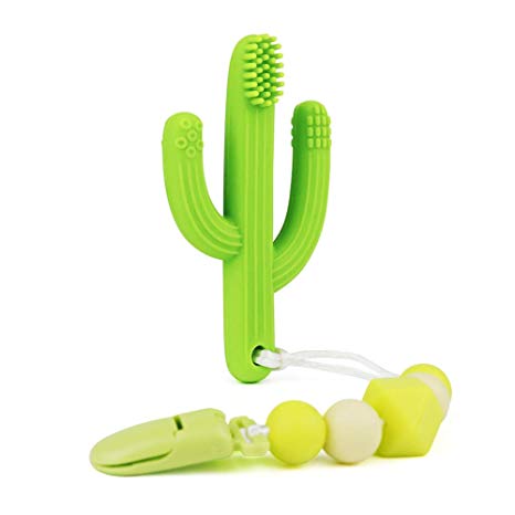 KEFU Baby Teether Toys Cactus Teething Toy Toothbrushc and Silicone Pacifier Clips,Self-Soothing Pain Relief Teether Training Toothbrush for Babies, Toddlers, Infants,BPA Free, (Green)