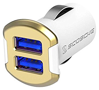 SCOSCHE USBC242MGD 12 Watts per port (24W/4.8A total output) USB Car Charger- The FASTEST CHARGE RATE for Apple and Android Devices-Retail Packaging-White/Gold