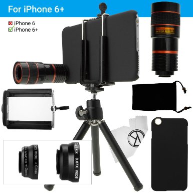 CamKix Camera Lens Kit for iPhone 6 Plus  6S Plus ONLY including an 8x Telephoto Lens  Fisheye Lens  2in1 Macro and Wide Angle Lens  Tripod  Phone Holder  Hard Case  Velvet Bag  Cleaning Cloth