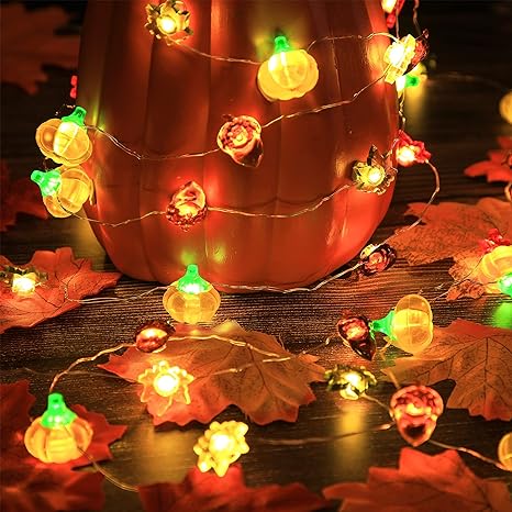 Thanksgiving Decorations, Pumpkin Maple Acorns String Lights 10 Ft Silver Wire 40 LED USB and Battery Powered with Dimmable Remote Timer for Fall Decoration, Indoor Outdoor, Fireplace Xmas Decoration