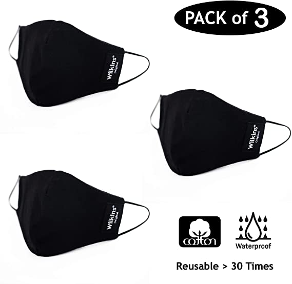 Wilkins 3 Pieces Reusable, Washable and Liquid Repellent Black Cotton Fabric Nose and Mouth Cover for Adult.