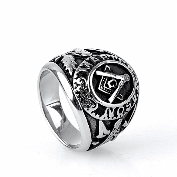 OAKKY Jewelry Mens Stainless Steel Domineering Vintage Freemason Masonic Rings, Black and Silver