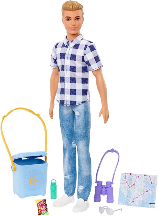 Barbie It Takes Two Ken Camping Doll Wearing Plaid Shirt, Jeans and White Sneakers, with Camping Accessories, Toy for 3 Year Olds & Up