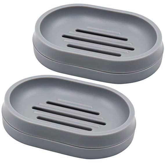 Topsky 2 Pack Soap Dishes Dual-layer Draining Soap Dishes Soap Holders Durable Plastic Soap Dishes for Bathroom Kitchen Sink Grey