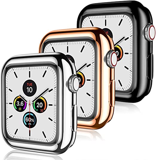 KOLEK Screen Protector Case Compatible with Apple Watch 38mm Series 3/2/1, 3-Pack Soft TPU All-Around HD Clear Protective Bumper Cover Cases for iWatch 38mm Series 3 2 1, Black/Silver/Rose Gold