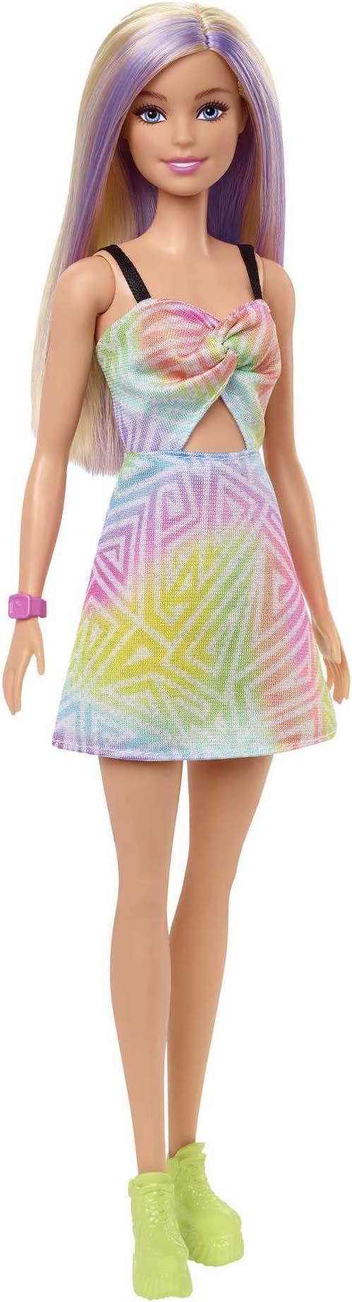 Barbie Fashionistas Doll #190, Blonde Hair with Purple Streaks, Romper Dress, Yellow Wedge Sneakers, Bracelet, Toy for Kids 3 to 8 Years Old