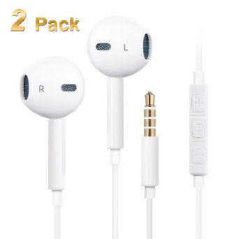 Xcords(TM) 2Pack Earphones/Earbuds/Headphones with Remote Control and Mic for iPhone 6/6s/6 Plus/6s Plus/ 5/5c/5s, iPad/iPod(white)