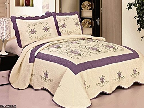 3pcs High Quality Fully Quilted Embroidery Quilts Bedspread Bed Coverlets Cover Set , Queen King (Beige/Purple)