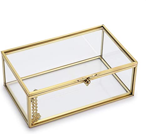 Hipiwe Vintage Glass Keepsake Box, Rectangle Jewelry Display Organizer Box Vanity Lidded Box Home Decor Accent Decorative Box for Storage Trinket Rings Bracelet