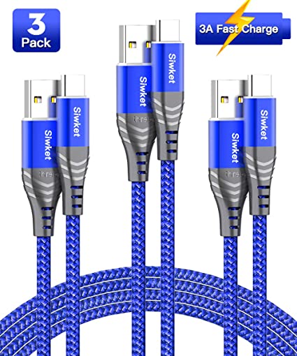 USB Type C Cable 3A Fast Charging Cord,(3Pack 2x3.3ft 6.6ft)USB A to USB C Fast Charger Cable Nylon Braided Data Sync for Samsung Galaxy S10 S10e S9 S9  S8 Plus A50, Note 9 8,LG G5 G6,Moto G6 Plus/ G7,Sony Xperia, Google Pixel 2/2XL, Switch,HTC (Blue)